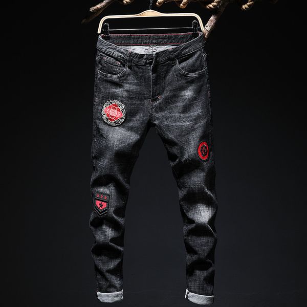 

jeans men casual ripped skinny biker jeans 2019 spring summer frayed slim fit denim trend embroidery straight pants, Blue