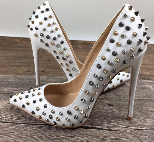 

2019 women fashion wedding spikes rivets lady white leather poined toes high heeled heels shoes stiletto shoes pump 12cm 10cm, Black