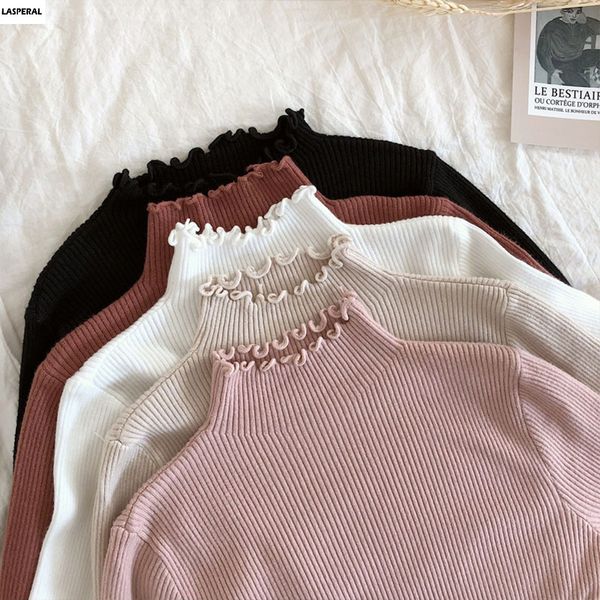 

lasperal 2019 fall winter fashion slim sweater women turtleneck ruched women sweater high elastic solid knitted pullovers, White;black