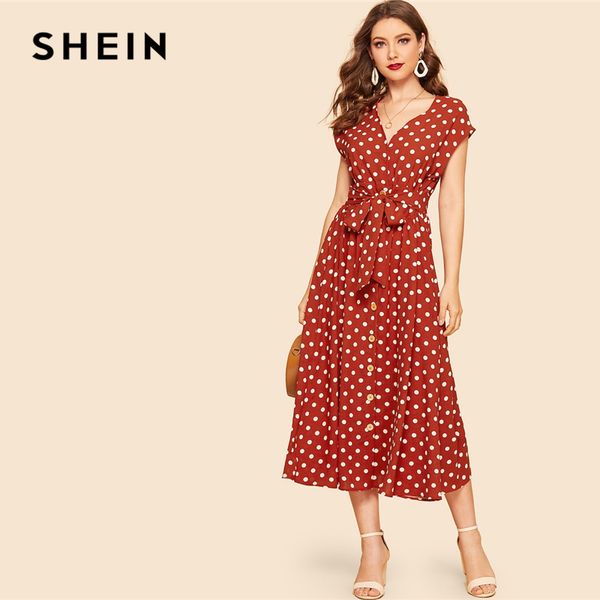 

shein vintage polka-dot print belted shirt button dress women 2019 summer cap sleeve v neck long solid shift dresses, Black;gray