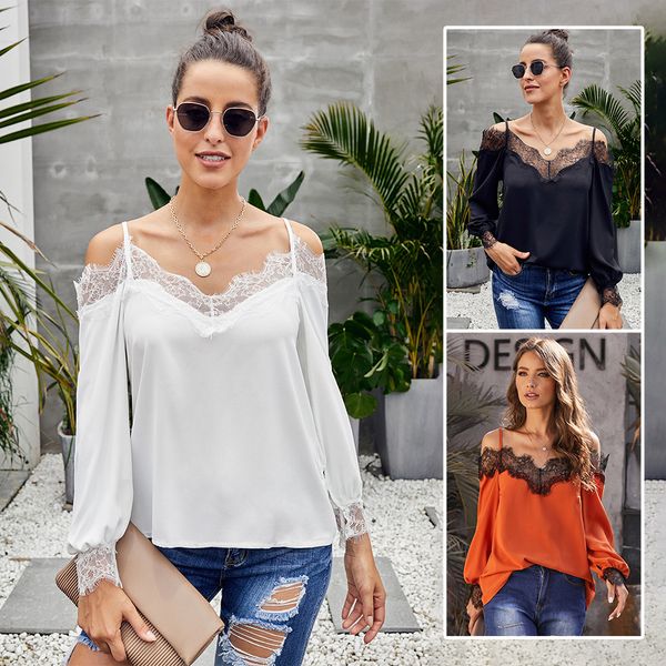 

Spring Summer T Shirt Women New Arrivals Casual Soft Women's Shirts With Long Sleeves V Neck lace Panelled Top T-Shirt SY252164