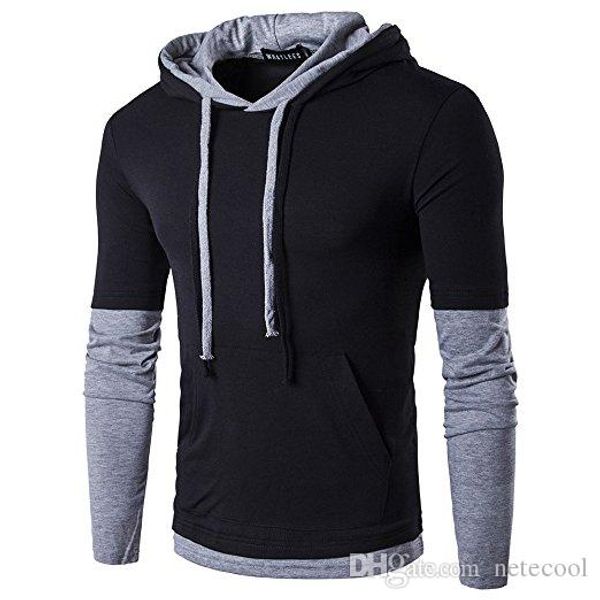 

fashion new men's hooded sling t shirt fashion long sleeve tees male slim male mens designer casual panelled color stitching t-shirt, White;black