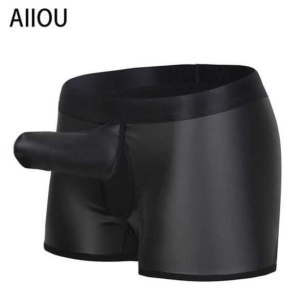 

aiiou nylon mens trunk underwear boxers shorts imitation leather or clear black elephant underwear gay see through panties, Black;white