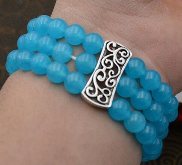 

3 row natural 8mm blue sea jade beads stretch tibetan silver bracelet, Black