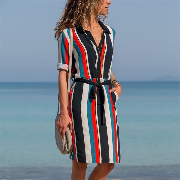 

women chiffon striped dresses 2019 girls beach empire shirt dress casual boho print a-line mini party dress, Black;gray