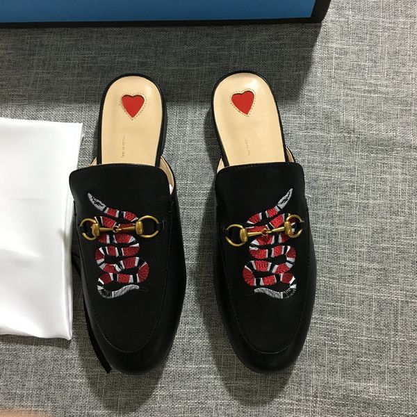 

2020 new leather slippers luxury mules princetown designer classic slippery metal buckle beach slippers soft cowhide lazy women shoes, Black