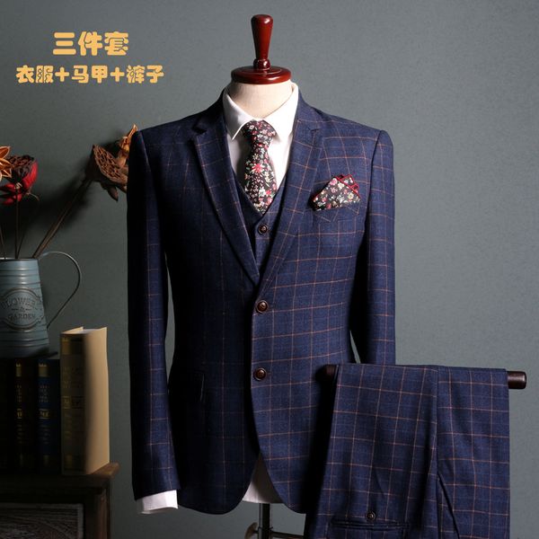 

2019 men's casual suit korean version of the wind slim lattice blue wine suit three-piece groom groomsmen wedding banquet dress, White;black