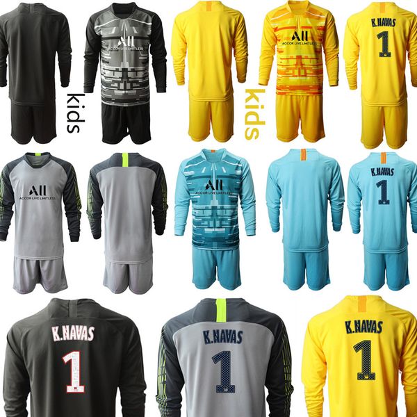 

custom france club goalkeeper k.navas kids football kits long sleeve youth junior mens soccer jerseys camisa de futebol