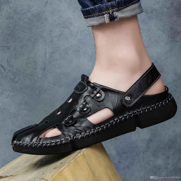 

designer genuine leather designer flip flops european brand designer sandals men summer sandals anti-slipping outdoor slippers, Black