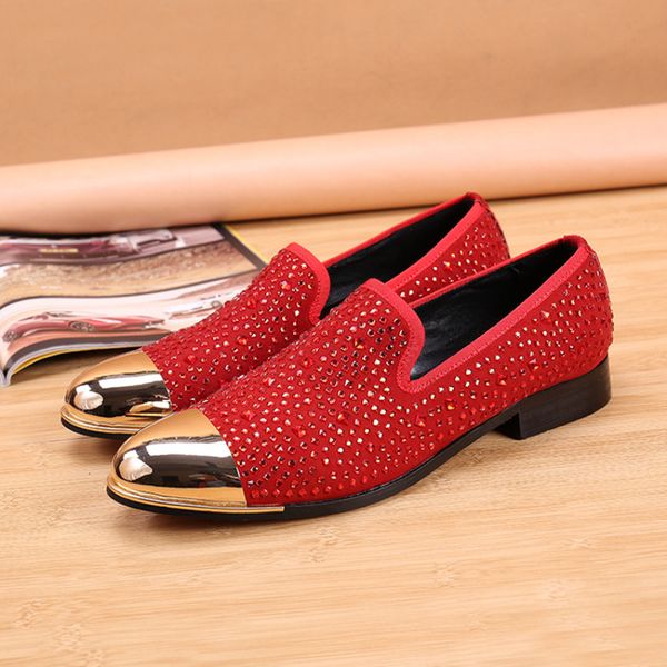 

fashion rhinestone men loafers suede leather party men dress shoes slip on leather loafers round toe casual men flats big size, Black