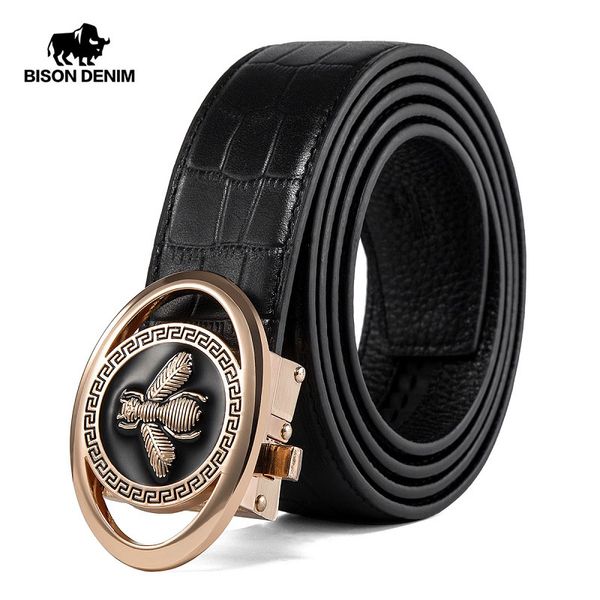 

bison denim genuine leather men belt automatic buckle crocodile pattern luxury cowskin strap fashion belt for men n71503, Black;brown