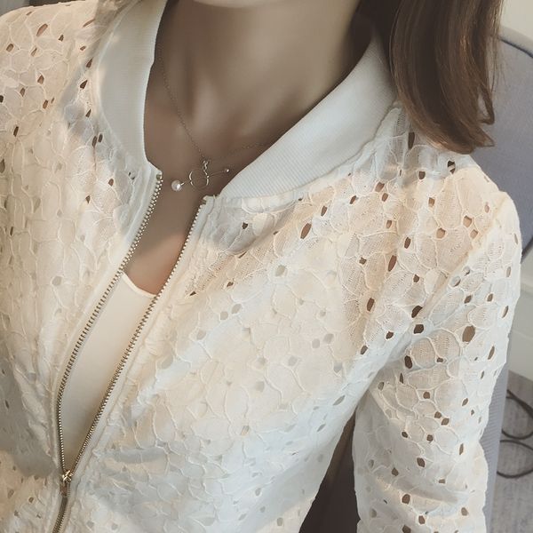 

2019 women's summer thin jacket lace long sleeve sunscreen women clothing hollow out breathable bomber jacket black white, Black;brown