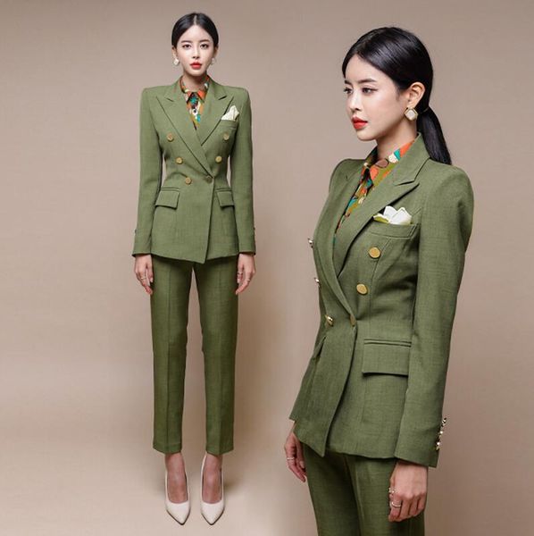 Coreano exército verde profissional feminino outono e inverno senhora do escritório estilo britânico ocidental terno moda duas peças jaqueta + calças