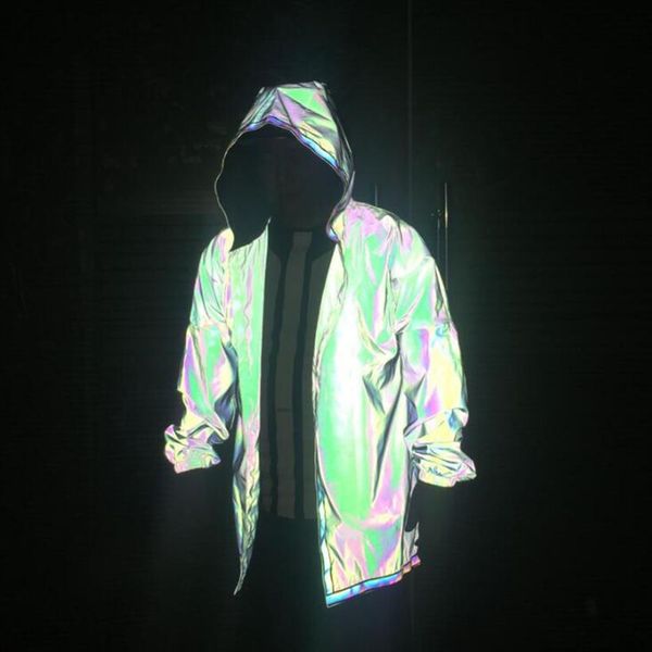 

drop shipping colorful reflective trench men long coat hip hop hooded cloak jackets mens street dance nightclub dj stage costume, Tan;black