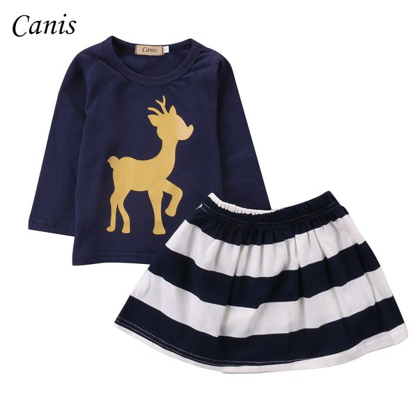 

toddler infant kids baby girls clothes deer print purple t-shirt + striped dress summer 2pcs outfit clothes, Red;yellow