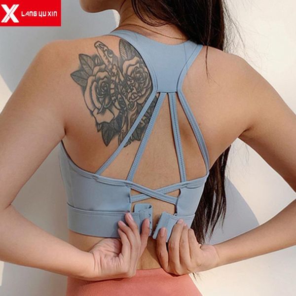 

2020 new strappy sports bra for women open back medium support yoga bra removable cups compression racerback sports bras, White;black