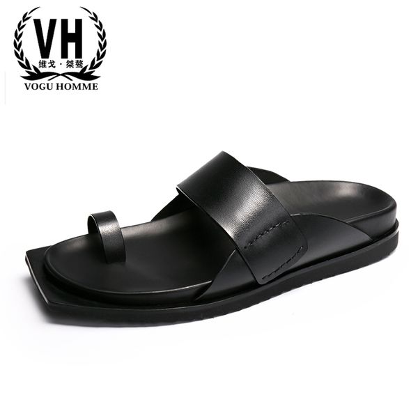 

summer men's sandals all-match cowhide sneakers men slippers flip flops casual shoes beach outdoor genuine leather leisure male, Black
