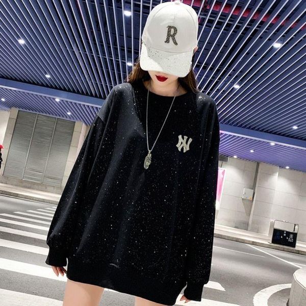 

korean version 2020 medium and long style shiny women's spring new puffy long-sleeved hoodie sparkling s-xl, Black