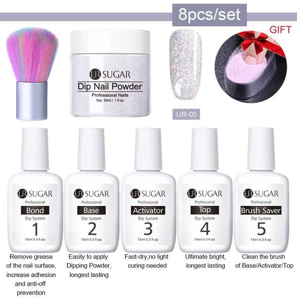 

ur sugar 8pcs/set dipping nail glitter kits gradient french nail natural color holographic pigment dry without lamp cure, Silver;gold