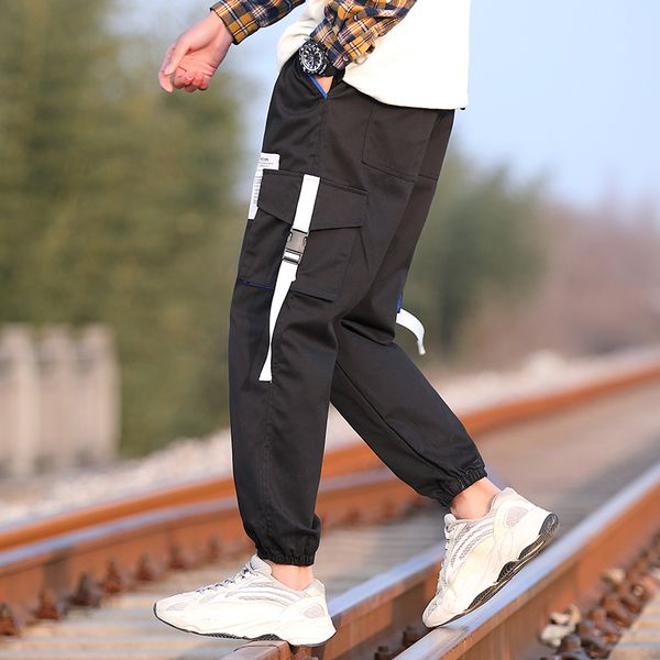 

new streetwear casual men бегуны брюки сыпучие hip hop шаровары пят sweatpant мужской ленты тренировочные брюки комбинезоны, Black