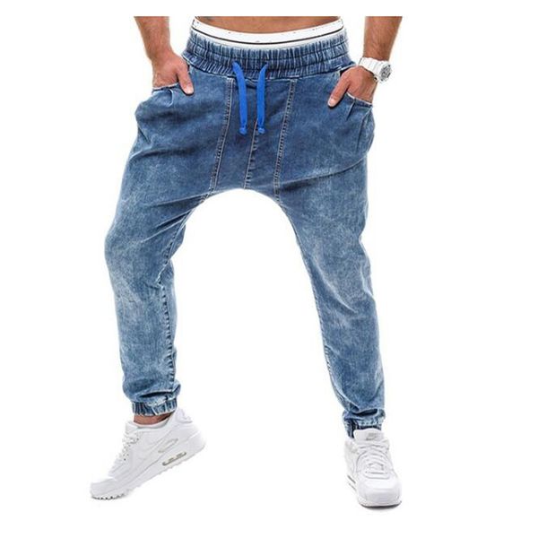 

shierxi mens harlan denim drop crotch jogger pants casual jogging jean harem pants with pockets, Blue