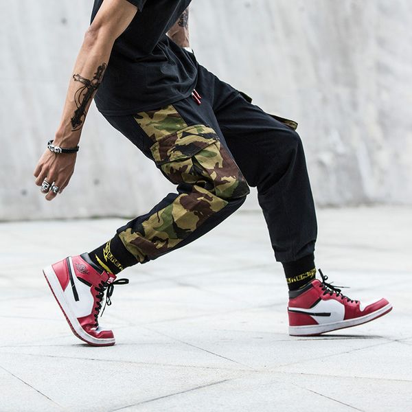 

грузовой camo брюки мужчины камуфляж streetwear hip hop pant заплатки harajuku бегуны мужские брюки casual male pantalon hombre 2018, Black