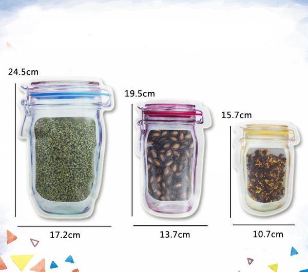 400pcs / lot Atacado Jar Mason Shaped Food Container Plastic Bag Limpar Mason Garrafa Modeling Zippers Snacks caixa de plástico SN52