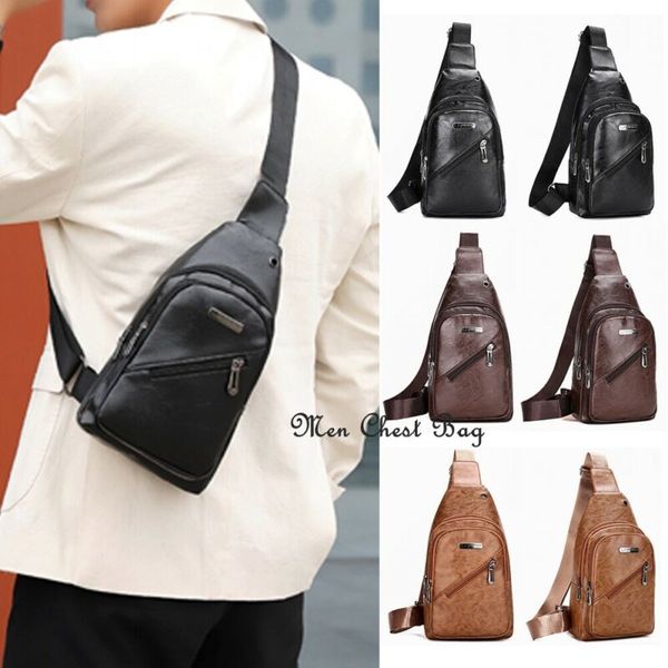 

new fashion sling men's black leather crossbody shoulder bag chest bag for hiking