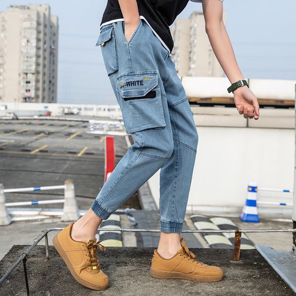 

men jeans new men's tooling jeans loose washed straight denim pants feet slim trend hip hop nine points ripped for men, Blue