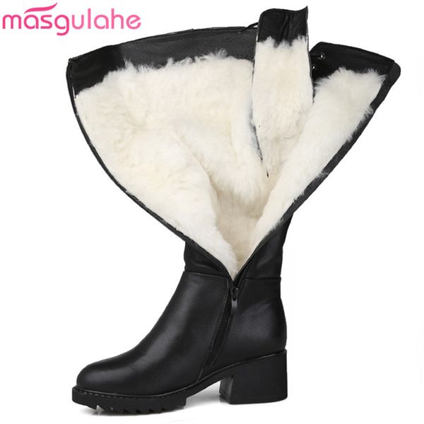 

masgulahe +2018 моды колено высокие сапоги круглый носок молнии пу + кожа коровы oots квадратных высокие каблуки зимой сохранить тепло шерст, Black