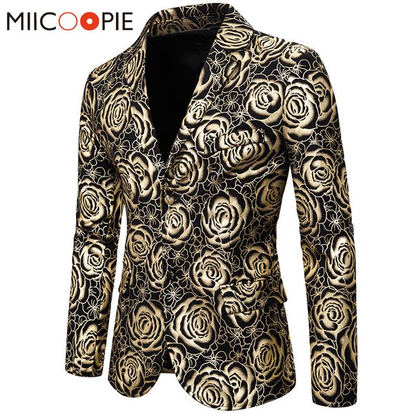 

men rose flowers bronzing blazer jacket fashion single buttons mens floral blazers suits business prom male slim printed clothes, White;black