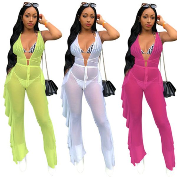 

summer women solid color mesh patchwork sleeveless tank v-neck see-though pullover skinny ankle-length jumpsuits nsmd220, Black;white