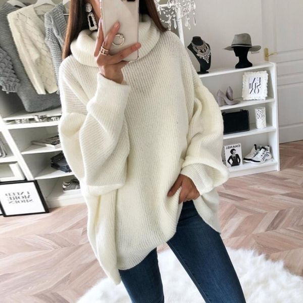 

litthing 2019 women oversize basic knitted sweater female solid turtleneck collar pullovers warm autumn winter sweater, White;black