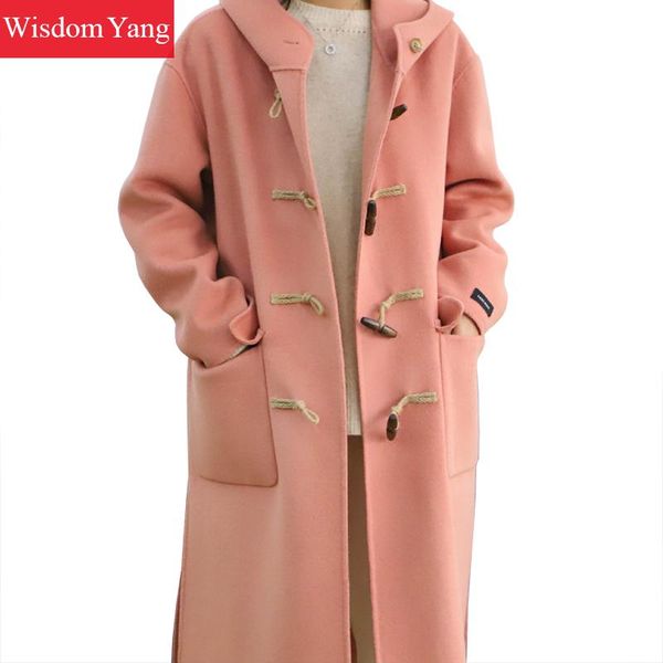

winter warm womens sheep wool coat pink yellow green hooded outerwear cashmere trench oversize woolen overcoat woollen coats, Black