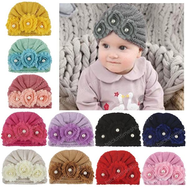 Baby gestrickte Wollmützen Kinder Blumenperle Häkelmützen Herbst Winter warme Säuglingskinder Jungen Mädchen Indien Beanie Mütze 12 Farben