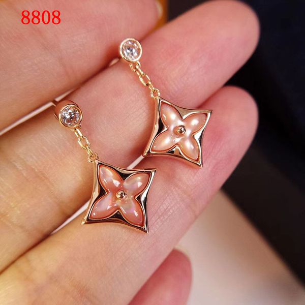 

luxurious quality s925 sterling silver square shape pendant drop earring with pink shell and diamond for women wedding gift p6, Golden