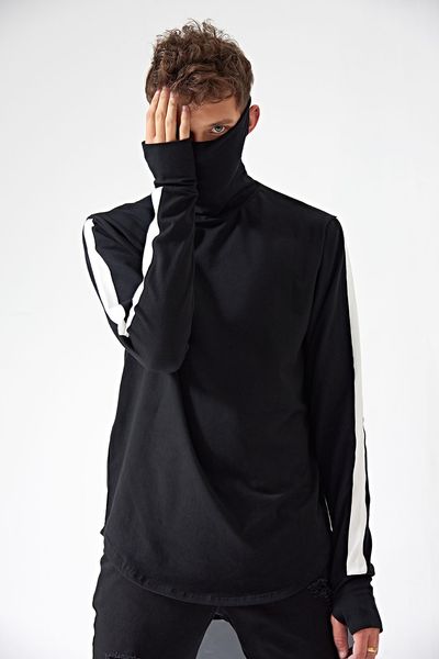 

new us high street pure cotton basic men t shirt turtleneck vintage patchwork long tee for autumn winter, White;black