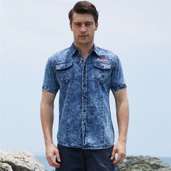 

cotton men's denim shirt vintage washed short sleeves male shirt brand casual embroidery work safari style, White;black