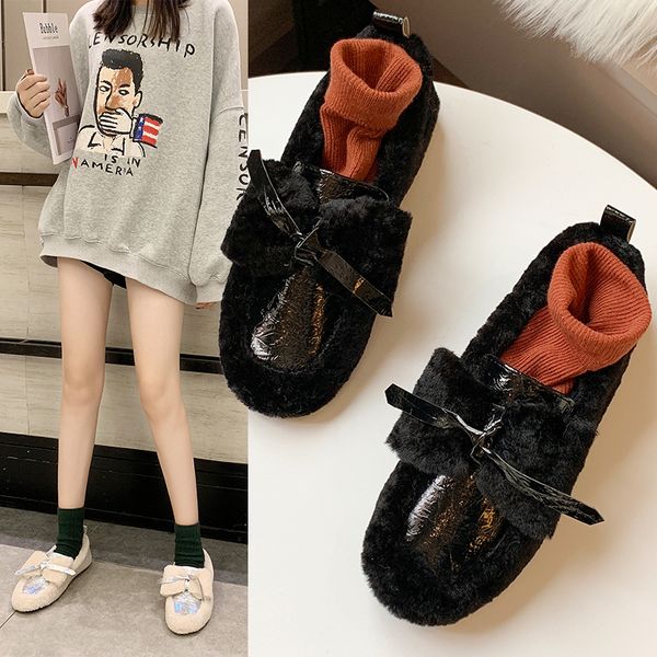 

women flat shoes 2019 winter warm shallow shoes ladies slip-on round toe flats fashion short plush bow decoration casual loafers, Black