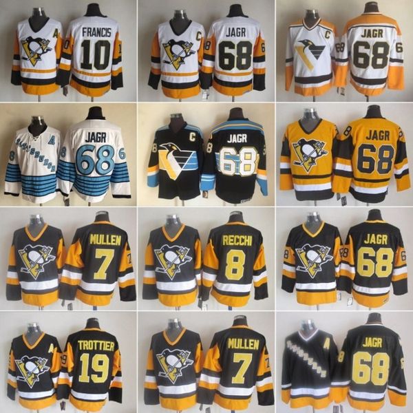 

mens pittsburgh 8 mark recchi hockey jerseys penguins 7 joe mullen 10 ron francis 19 bryan trottier 68 jaromir jagr vintage ccm stitched, Black;red