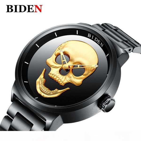 

biden men watches skull black quartz watch men stainless steel punk elegant waterproof clock man wristwatch, Slivery;brown