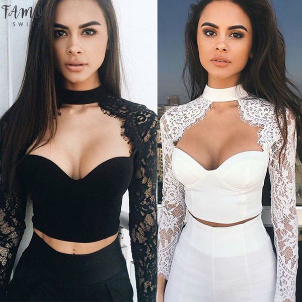 

2020 new fashion women see through lace mesh sheer long sleeve crop shirt blouse ch, White
