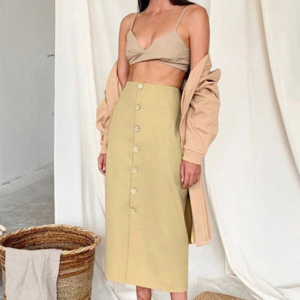 

skirts fashion single breasted vintage long skirt slim fitting commuting high waist khaki women, Black