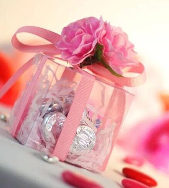 Yüksek Açık Pvc Favor Kutuları Düğün Doğum Günü Partisi Şeker Kek Kutusu Macaron Engele 3 Çiçekler Şerit Kare Hediye Kılıfı Şenlik Dekorasyon 2 Boyutlar