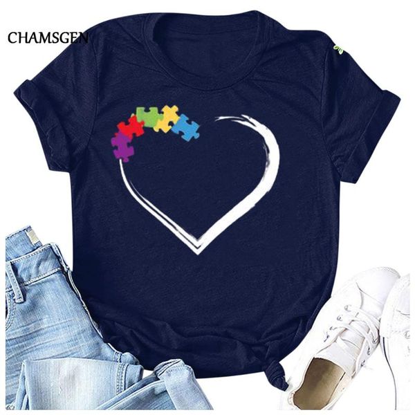 

chamsgend 2020 new fashion summer casual heart printing t-shirt round neck loose type oversize short-sleeved women's t-shirt f68, White