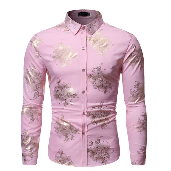 

fashion pink floral foil print shirt men 2020 slim long sleeve mens dress shirts dj club party stage prom chemise homme, White;black