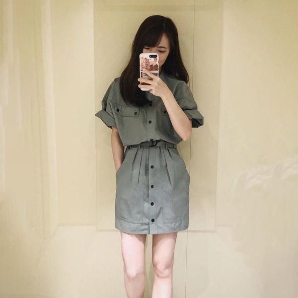 

casual dresses 2021 spring / summer handsome belted cotton short-sleeved women's mini dress, Black;gray