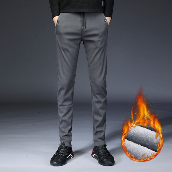 

2019 mens winter fleece warm pants men korean casual slacks slim warm autumn pants for men fashion black gray trousers male