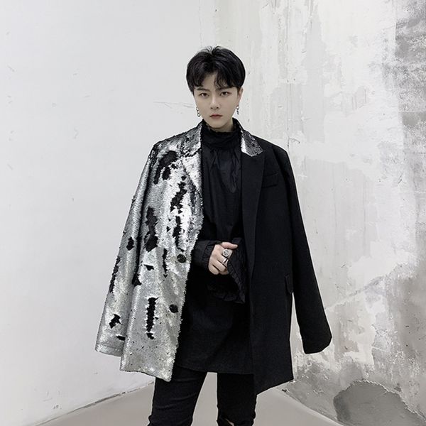 

men's suits & blazers ewq / silver paillette irregular patchwork for men and women clothing loose asymmetry suit coat male 19h-a248, White;black