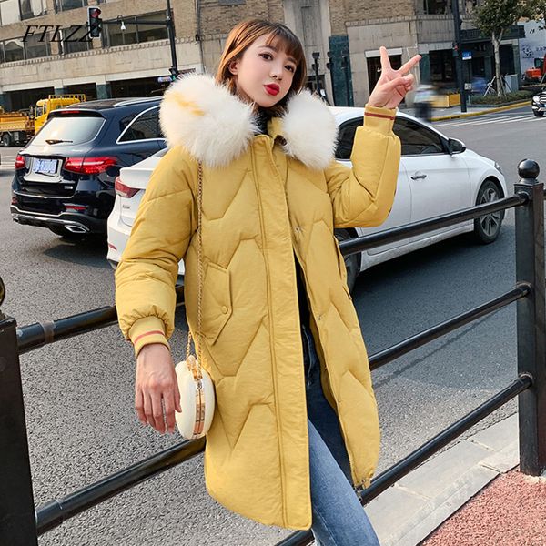 

ftlzz winter jacket women large fur collar plus size hooded print letter warm parkas cotton padded snow overcoat, Black